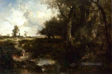  nue - Cruzando el arroyo cerca de Plainfield, Nueva Jersey, Escuela de las Montañas Rocosas, Thomas Moran